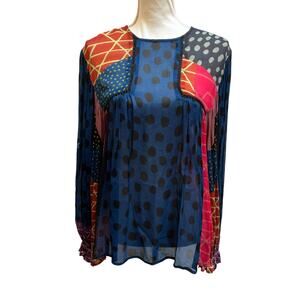 Blank London Medium Sheer Mixed Print Boho Peasant Top Polka Dot EUC